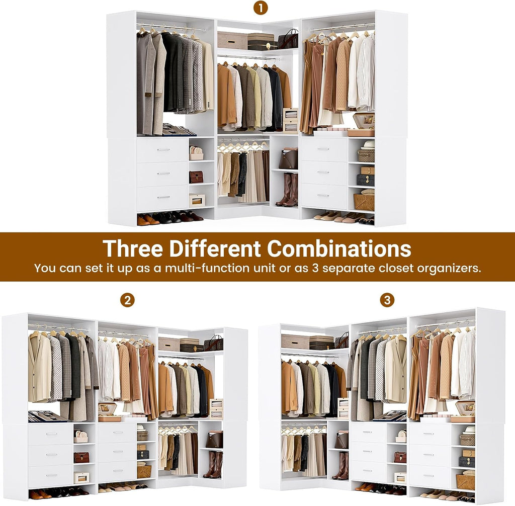 Closet System with 6 Drawers, 4 Hanging Rods & Corner Tower, Corner Closet System with Hanging, 92.6" L-Shaped