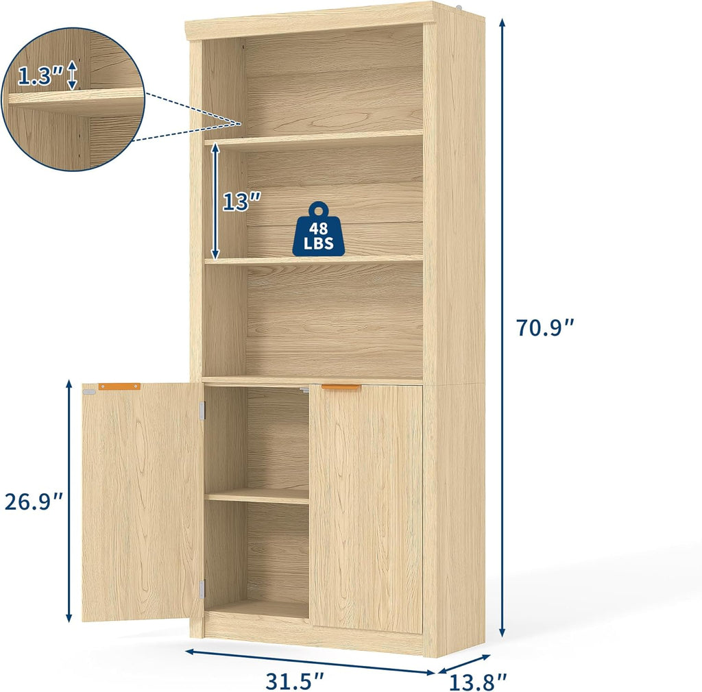 Modern Tall Book Shelf and Bookcase, 31.5"Wide Bookshelf with Doors, Farmhouse Book Case with Adjustable Top Shelf