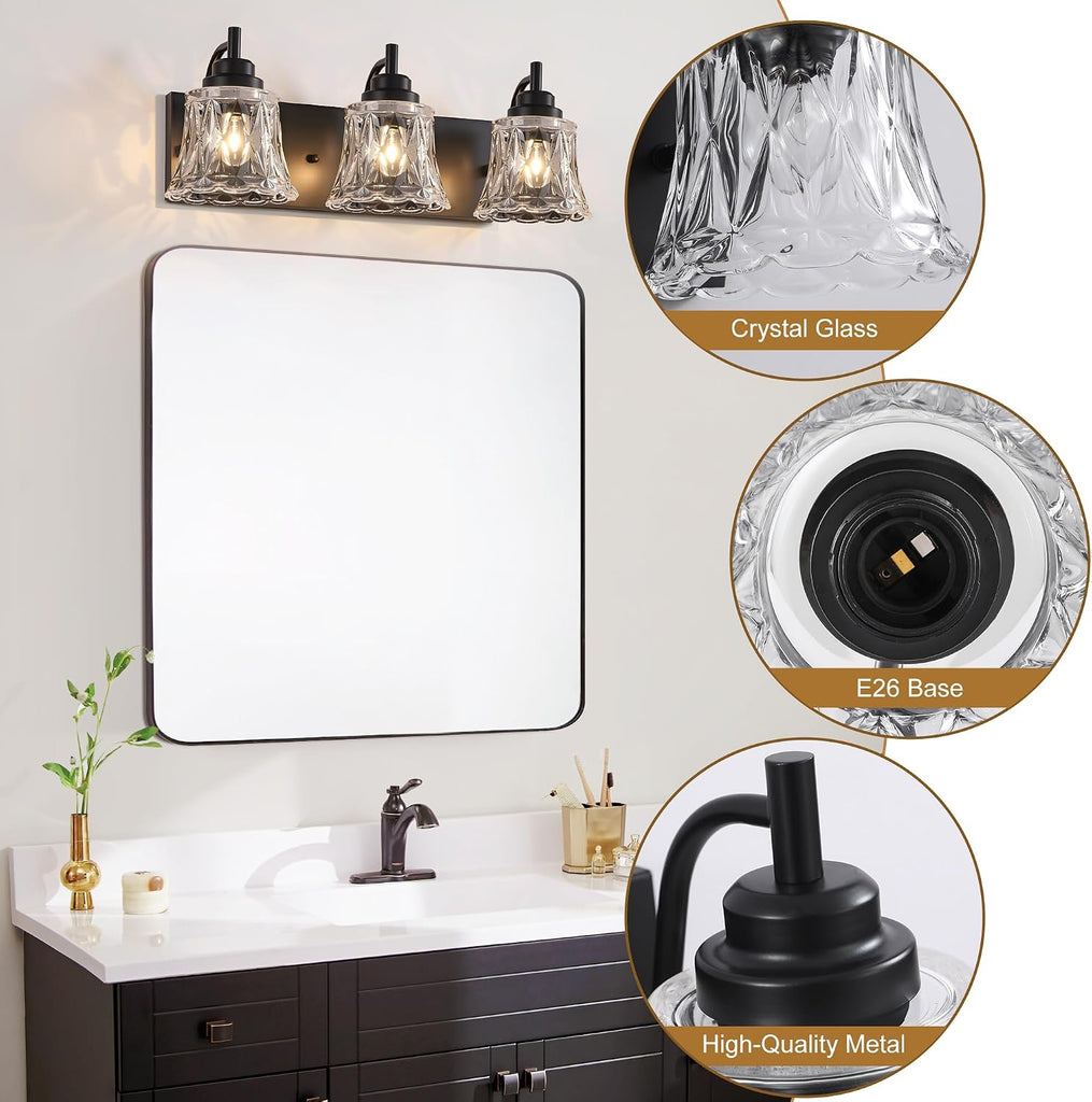 Vintage Bathroom Light Fixtures, 3-Light Matte Black Crystal Glass | Mounted Over Mirror, Matte Black Finish, Vintage