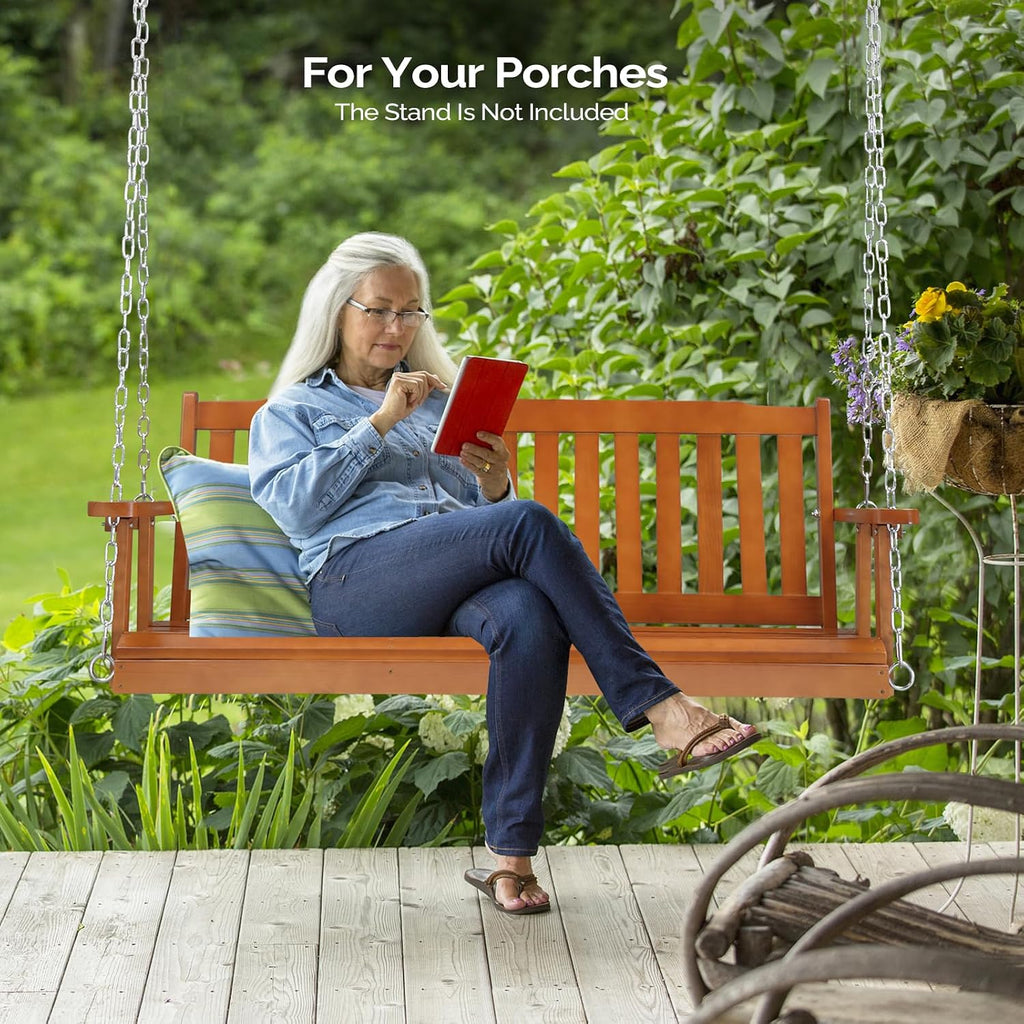 Upgraded 5 FT Wooden Porch Swing, 880 LBS Solid Fir Wood, Brown | Heavy-Duty Fir Wood Frame; 880-Lb Capacity;