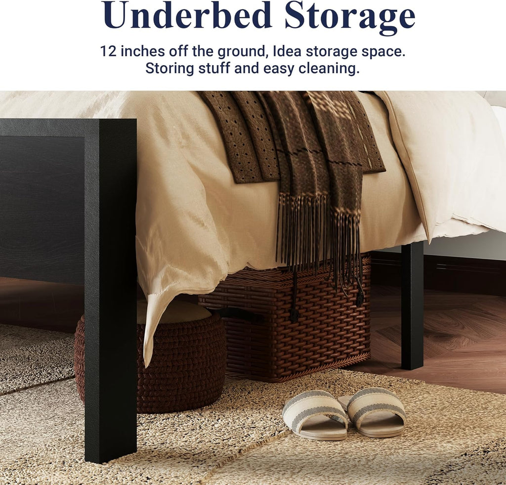 King Platform Bed Frame with Wooden Headboard and Footboard, Heavy Duty 12 Metal Slats Support, No Box Spring Needed
