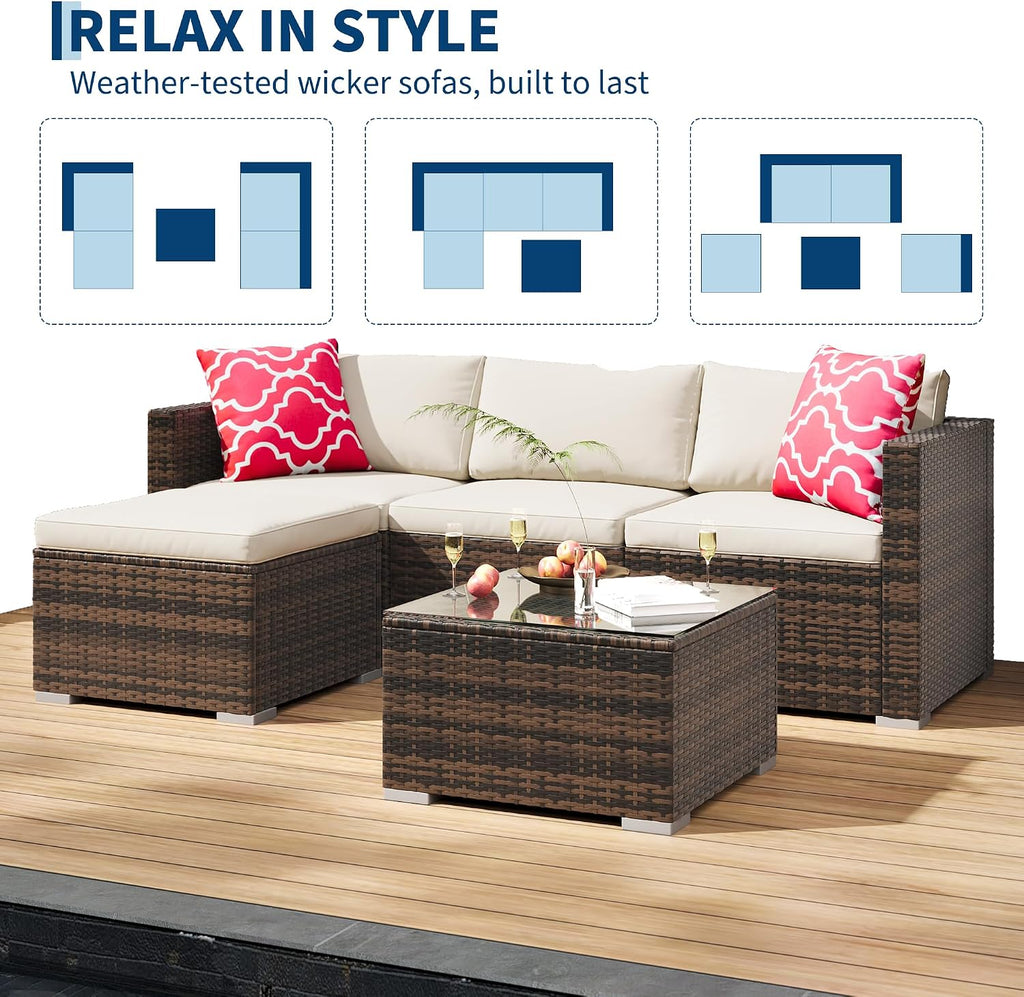 5-Piece Outdoor Patio Sectional Sofa Set - Brown/Beige | PE Rattan L-Shaped All-Weather Conversation Furniture Set