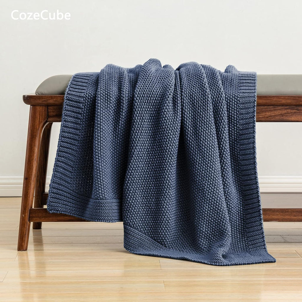 Blue Throw Blanket, Soft Cozy Cable Knit Throw, Lightweight Warm Decorative Farmhouse Christmas Blanket, 50"x60"