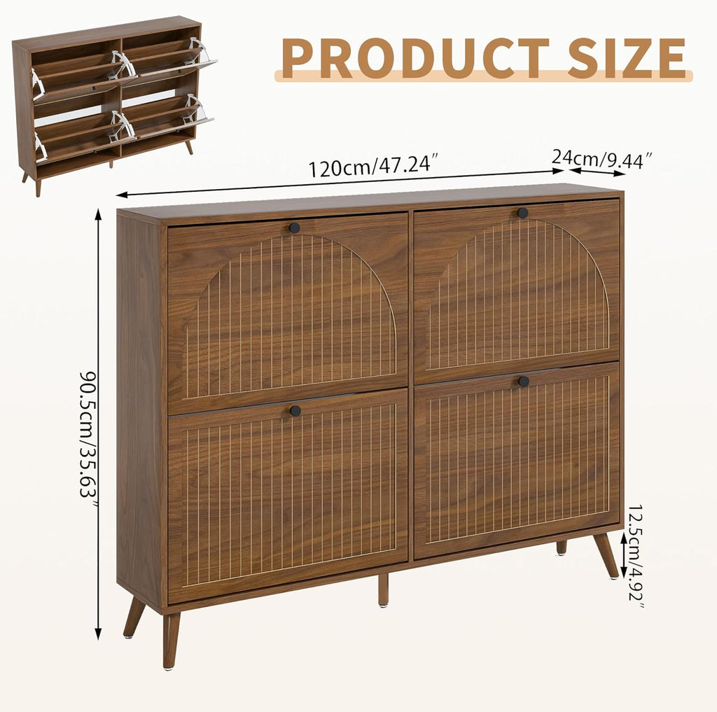 Shoe Storage Cabinet with 4 Flip Drawers, Narrow Shoe Organizer with Fluted Panel, Freestanding Wood Hidden Shoe