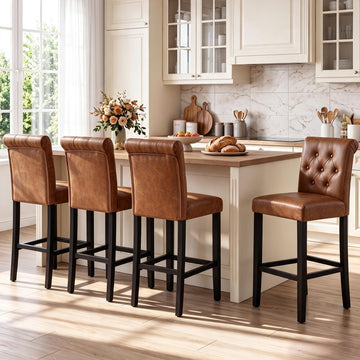Counter Height Barstools Fabric Upholstered Counter Stool with Rubber Wood Legs Bar Chair Island (Brown, Set of 4)