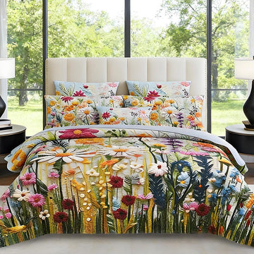 Boho Daisy Floral Quilt Set, 3 Piece Lightweight Summer Bedding Set with 2 Pillow Shams, Soft Reversible