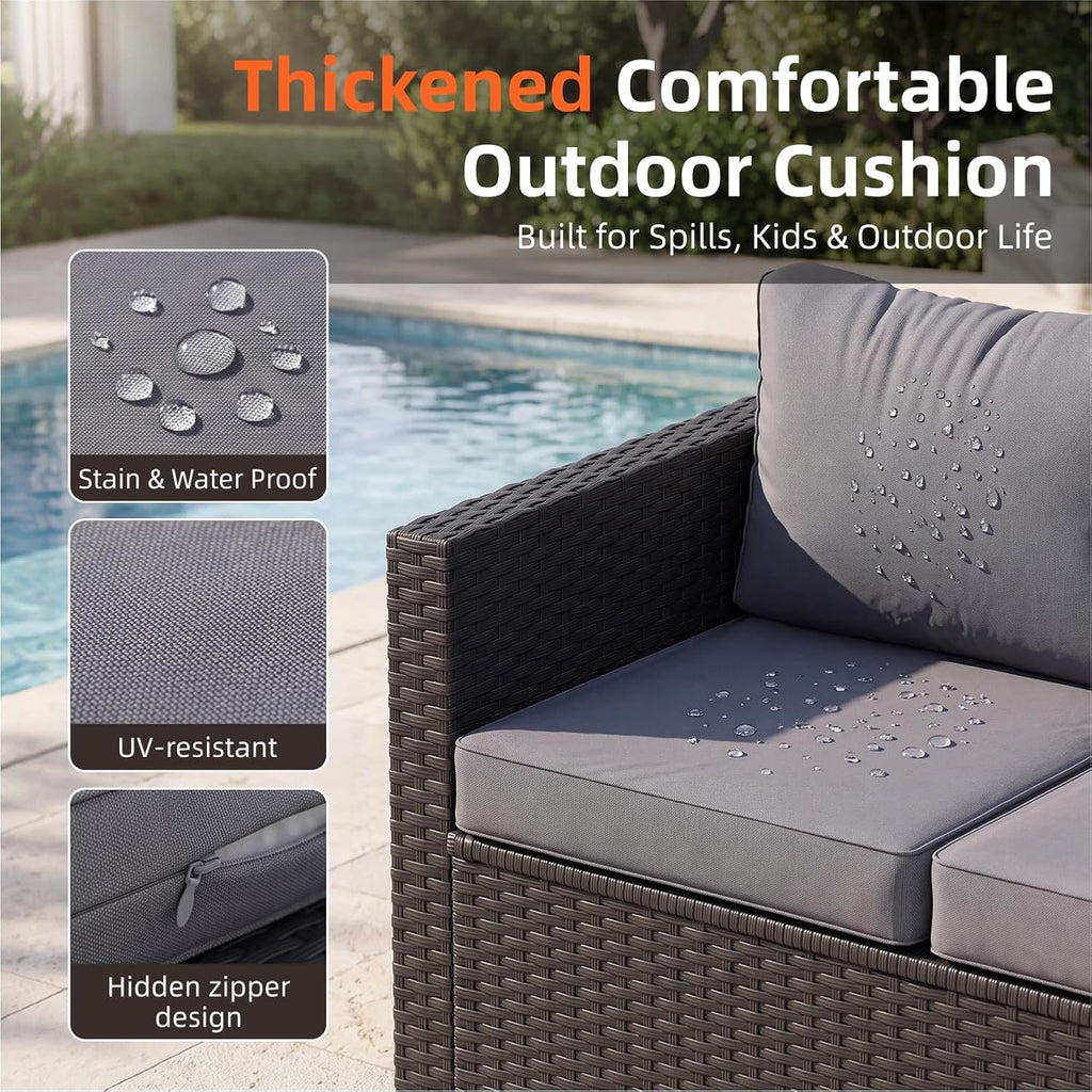 7-Piece Outdoor Patio Furniture Set, Grey | Rattan Outdoor Sectional with Thick Waterproof Cushions, Ottomans &