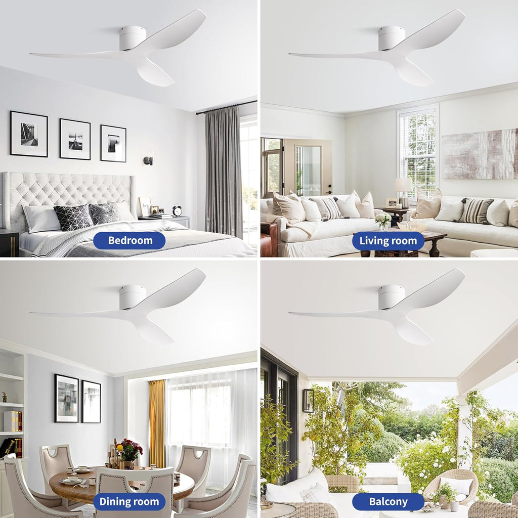52" Low-Profile Modern Ceiling Fan with Remote – White Curved Blades, 3-Blade, DC Motor, No Light