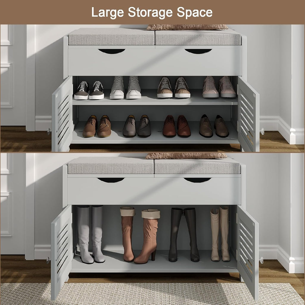 Shoe Storage Bench with Lift Top Storage & Cushioned Seats | 29.5" Entryway Bench with 3 Compartments & Adjustable