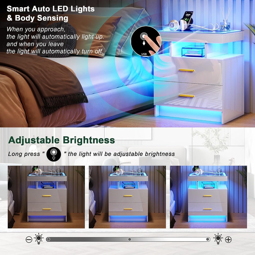 LED Nightstand with Charging Station (USB,Type-C Ports) High Gloss Bedside Table with 2 Drawers, Smart Night Stand