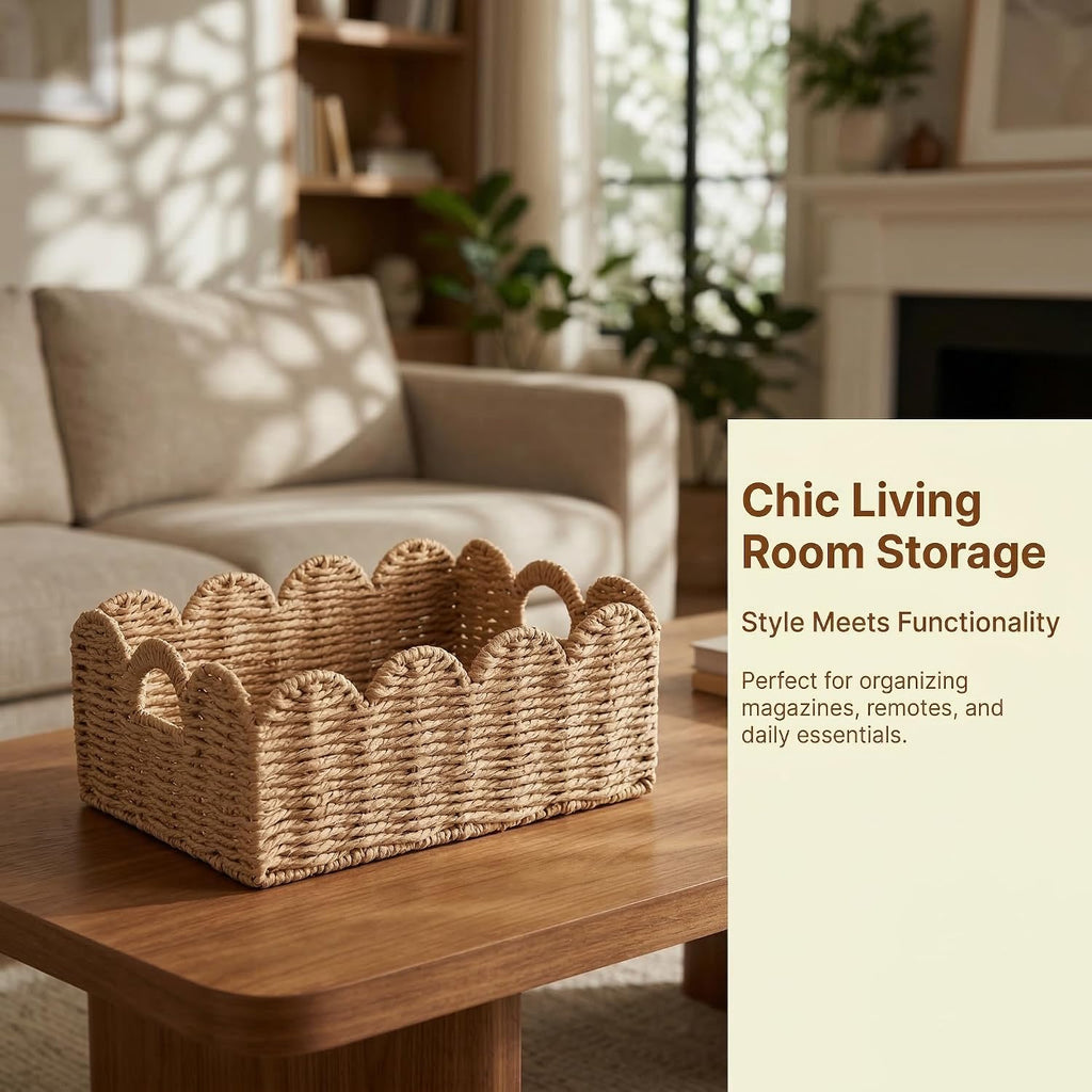 Scalloped Wicker Baskets Set of 3, Hand-Woven Storage with Handles | A set of 3 tan scalloped baskets with handles.