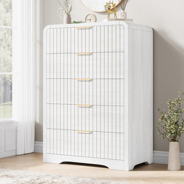 5 Drawer Dresser , Tall Chest of Drawers, Fluted Wood Dresser with Curved Profile Design, Modern Vertical Storage