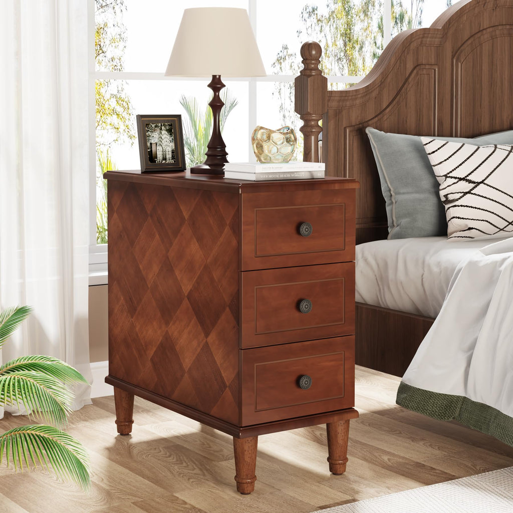 Solid Wood End Table, Fully Assembled Side Table with Drawers