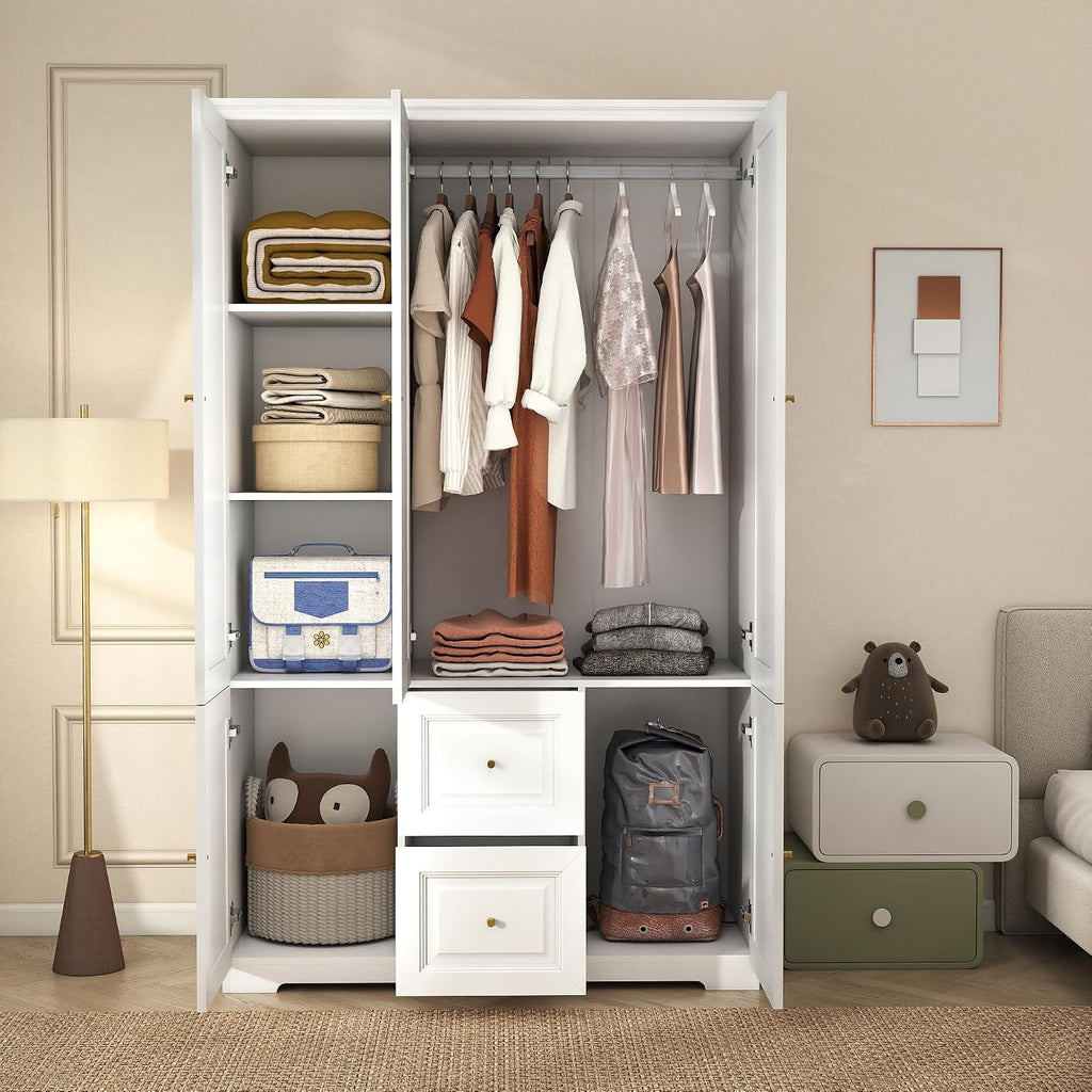 Armoire Wardrobe Closet with Drawers: 74" White Wardrobe Closet with 3 Doors, Tall Bedroom Armoires for Clothes, Wood