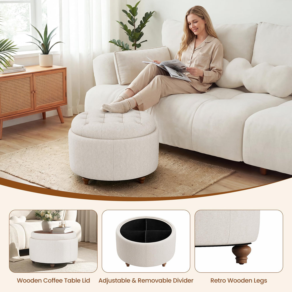 25" Round Ottoman with Storage, Small Coffee Table with Reversible Tray Lid