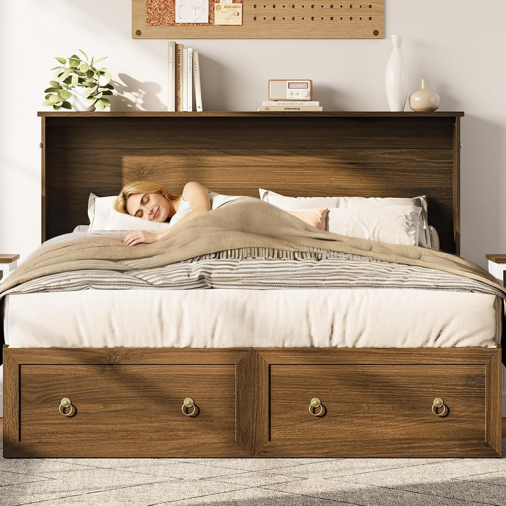 Queen Murphy Bed with Charging Station - Rattan Queen Bed Frame with Storage Drawers, Wood Cabinet Beds for Guest