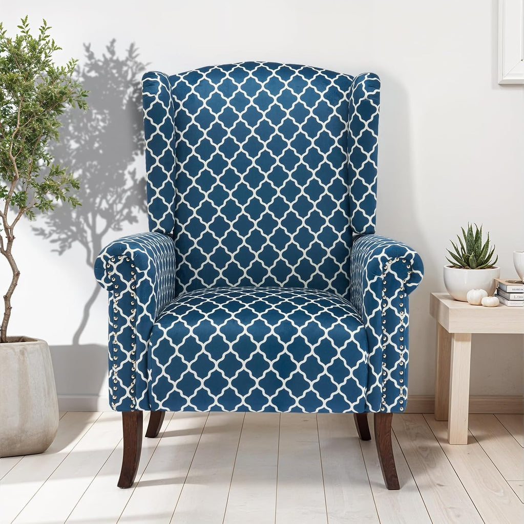 Modern Accent Chair, Comfy Wingback Armchair Blue Plaid Club Chair with Wooden Legs , or Balcony