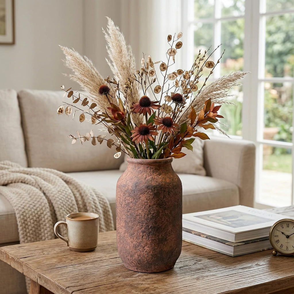 Terracotta Farmhouse Vase, 9 Inch Rustic Ceramic Flower Vases