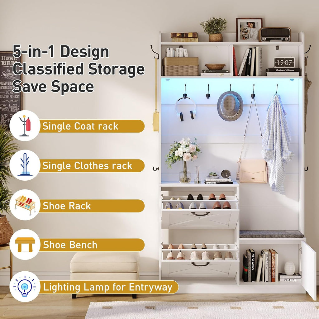 Narrow Hall Tree with Shoes Storage, Entryway Bench with Coat Rack and Led Lights, 78" Tall Hall Tree with 9 Coat