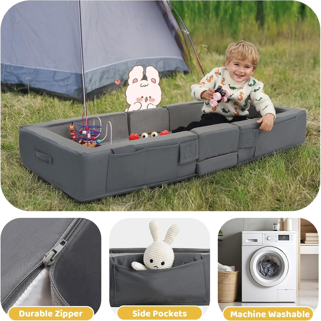 Portable Toddler Travel Bed with Soft Foam Safety Rails | Foldable Floor Bed for Kids Ages 25 Months to 48 Months, No