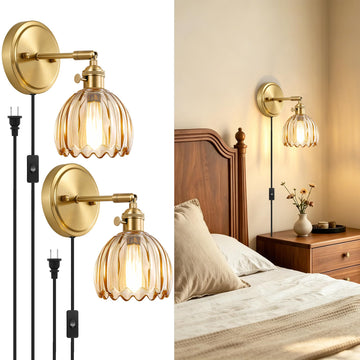 Plug in Wall Sconces Set of Two, Vintage Wall Lights with 5.58FT Plug in Cord, Adjustable Angle Bedside Wall Lamps