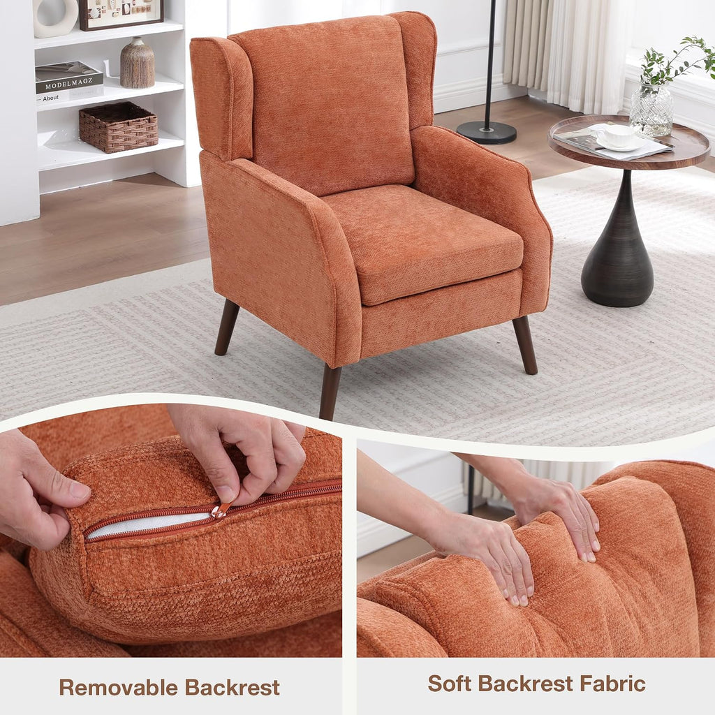 Accent Chair ,Mid Century Modern Wingback Chair ,Upholstered Armchair with Lounge Seat and Wood Legs Apartment Small