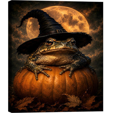 Halloween Frog Witch Canvas Wall Art, Frog on Pumpkin Under Full Moon, Funny Spooky Animal Halloween Decor, Gothic