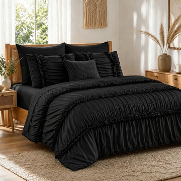 Ruffle Comforter Set, Ruched Bed in a Bag, 7-Piece, Black