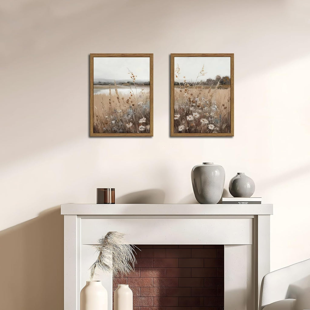 Wood Frame Vintage Wall Art Set of 2, Retro Farmhouse Wildflower Wall Decor Paintings Art Pictures, Country Floral