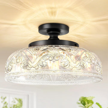 Semi Flush Mount Ceiling Light, 12 Inch Large Black Ceiling Light Fixture, 3-Light Globe Glass Industrial Kitchen