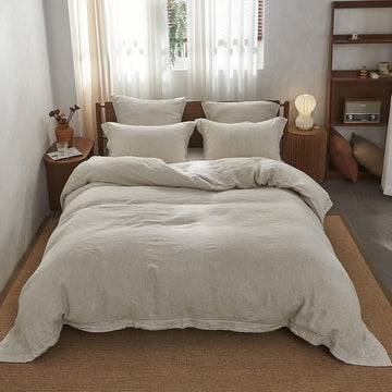 100% French Linen Duvet Cover Set with Embroidered,3 Pcs Washed Soft Farmhouse Bedding Set with Button Closure,1 - Set of 3