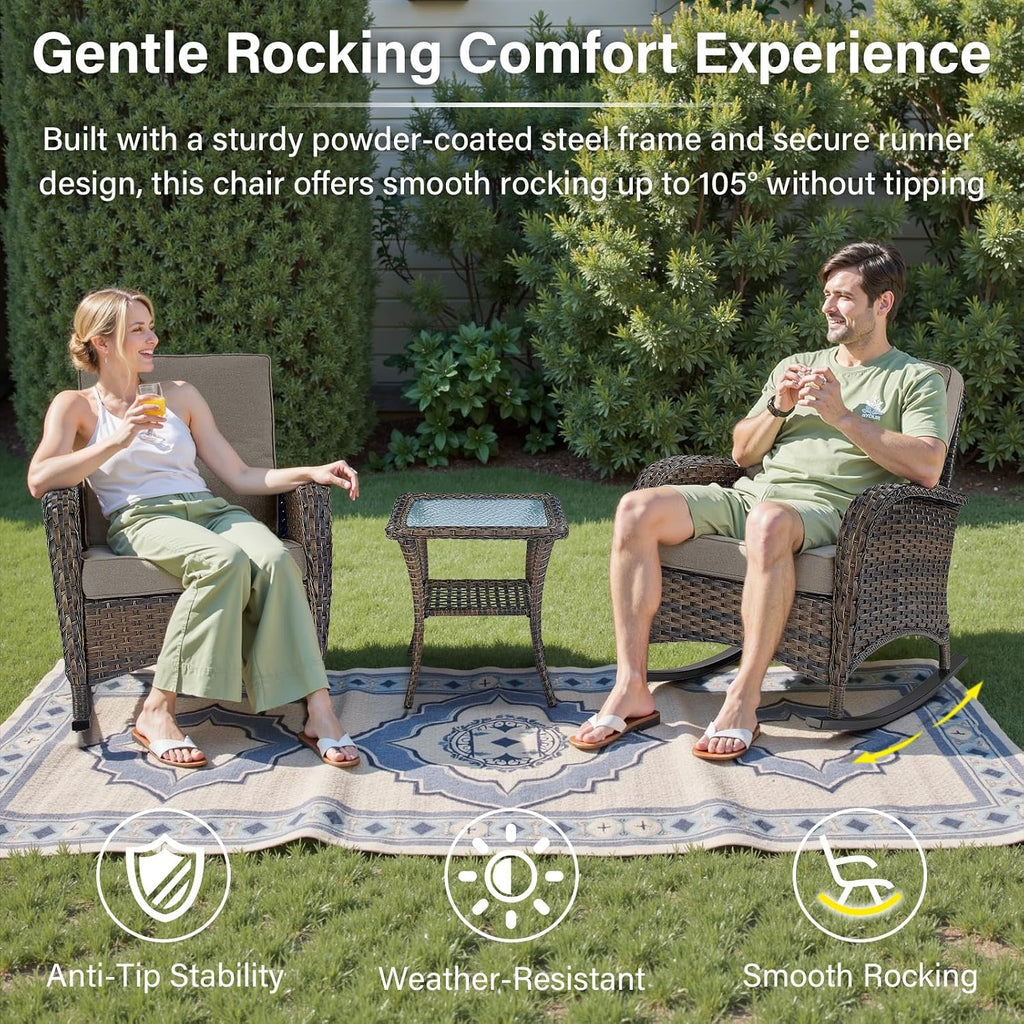 Patio Rocking Chair Wicker Chair, 1 Piece Outdoor Rocking Chair Seating with Cushions for Porch Deck Balcony