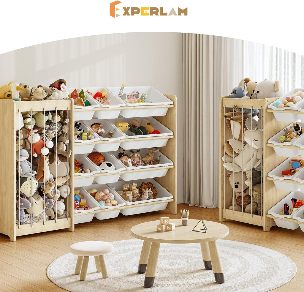 Kids Toy Storage Organizer, 2-in-1 Stuffed Animal Storage & Toy Organizer w/12 Bins, Solid Wood Toy Rack Featuring