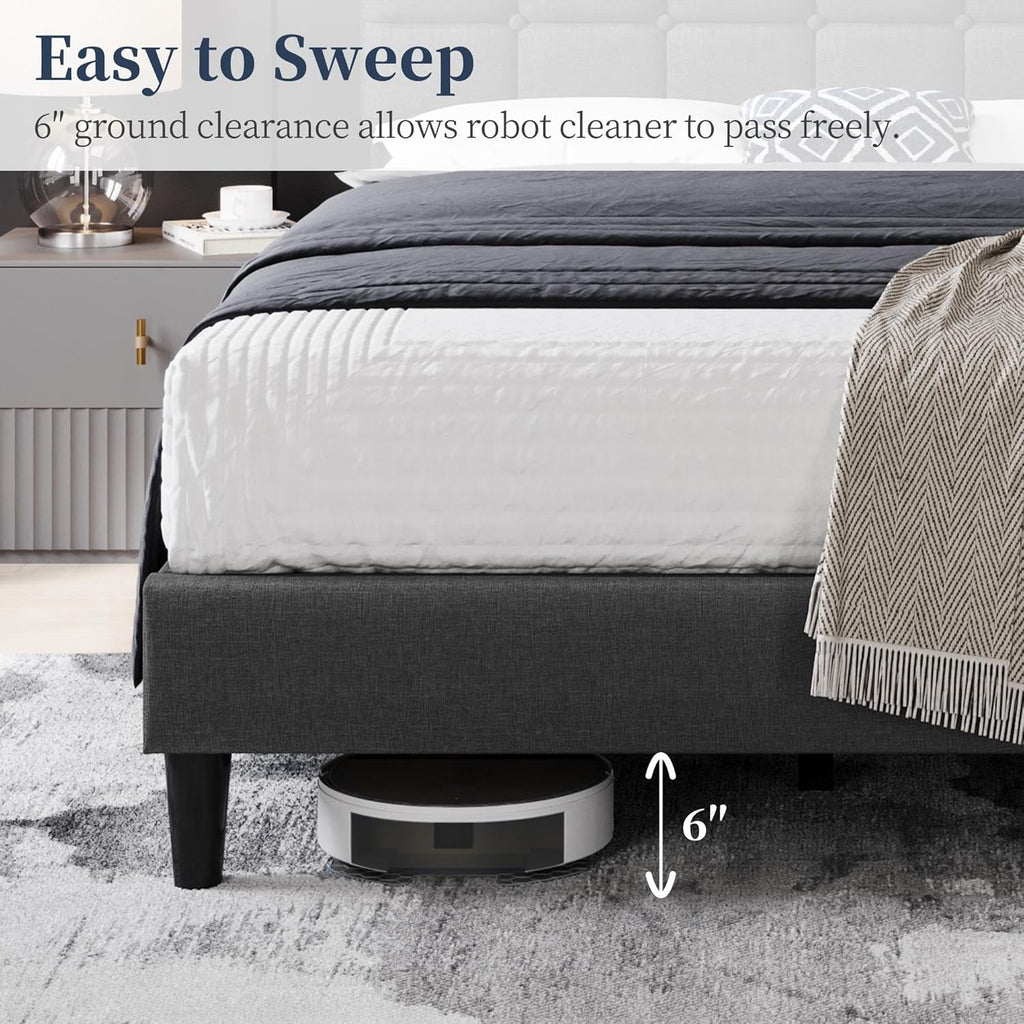 Upholstered Bed Frame, Modern Full Bed Platform with Square Stitched&Button Tufting Headboard Height Adjustable