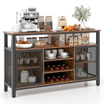 Coffee Bar Cabinet for Liquor and Glasses, 55" Buffet Sideboard with 8-Bottle Wine Racks, 6 Rows of Wine Glass