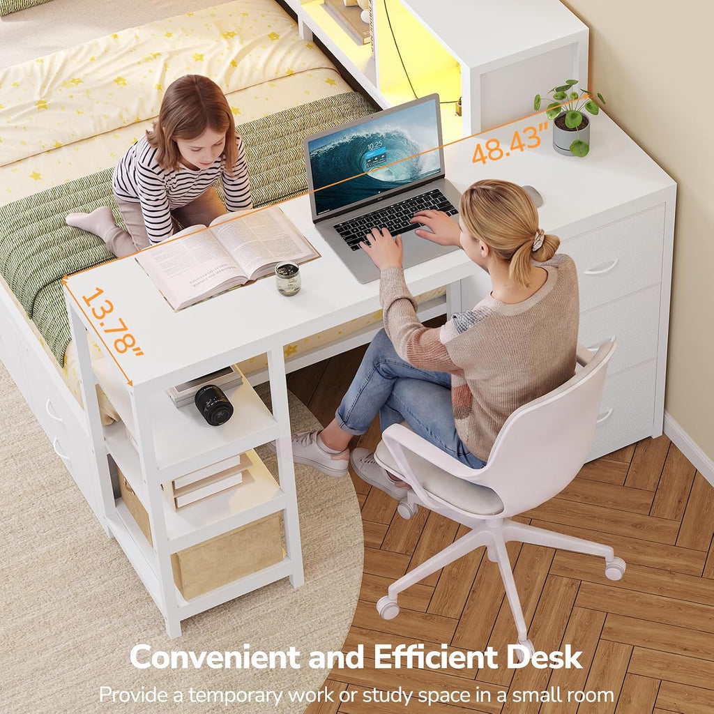 Corner Twin Bed Frame with Desk, 9 Storage Drawers and Bookcase, Twin Size Platform Bed Frame with Charging Station