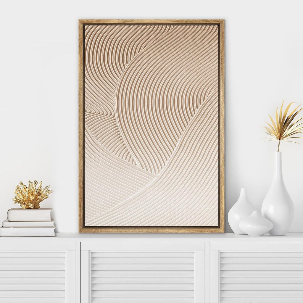 Framed Canvas Print Wall Art Pastel Brown Geometric Landscape Waves Abstract Shapes Illustrations Minimal Nordic Zen