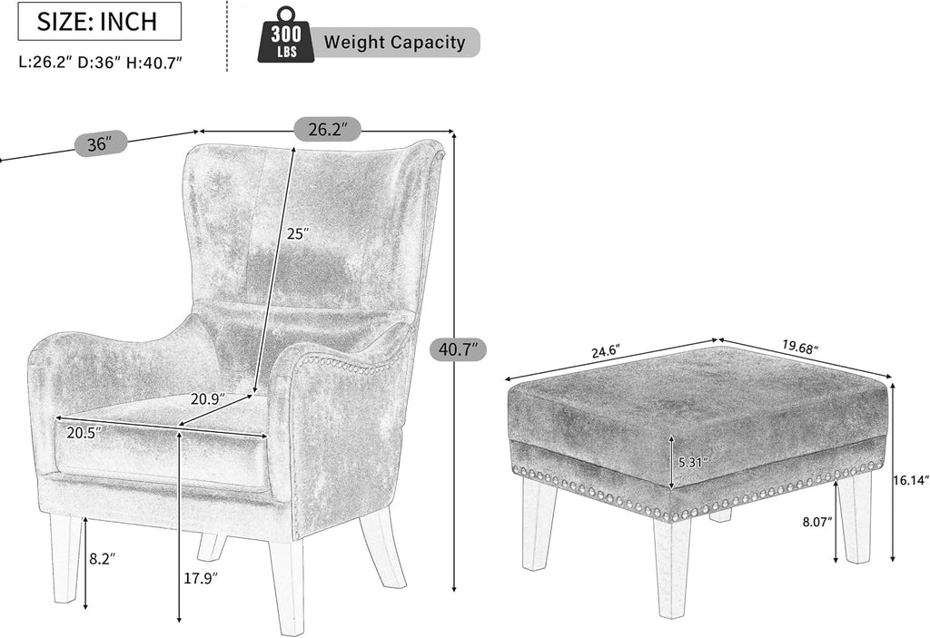 High Wingback Accent Chair and Ottoman Set, Mid-Century Modern Club Comfy Reading Armchair, Lazy Side Sofa Chair