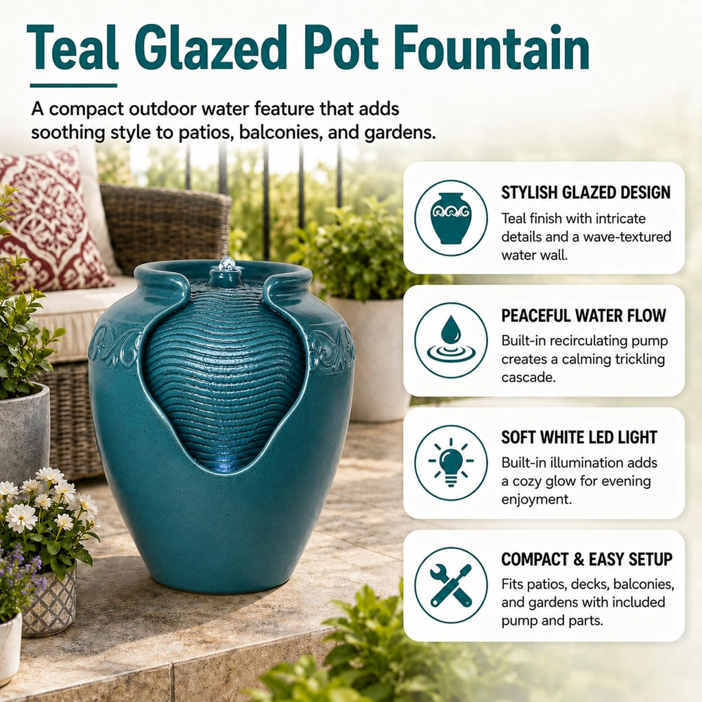 Floor Glazed Pot Water Fountain with Built-in LED Light and Pump Indoor Patio Garden Backyard Decking Home Décor, 17
