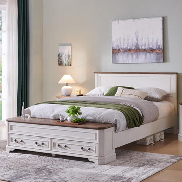 Farmhouse Queen Bed with Headboard and Storage Bench, Rustic Wood Platform Bed with 64" Storage Chest w/ 4 Large