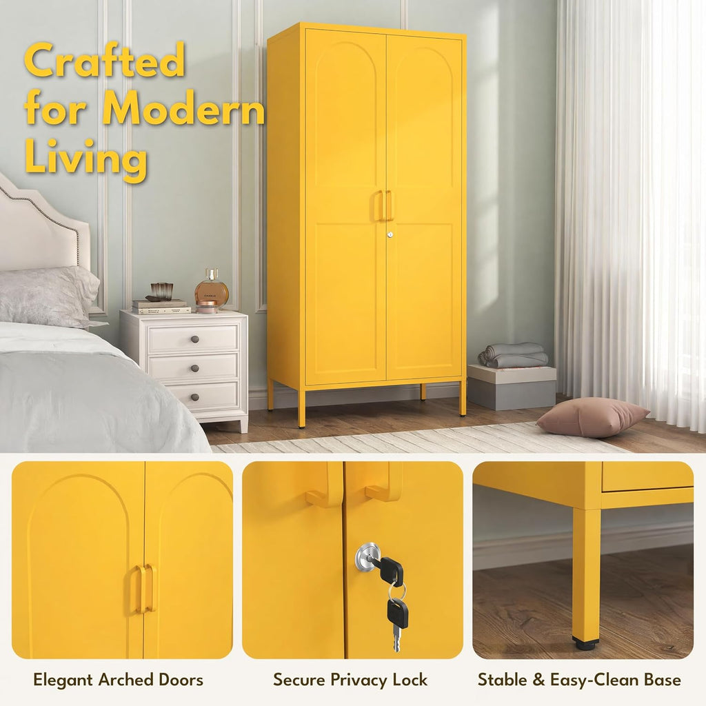67 Inch Lockable Yellow Steel Wardrobe Storage Cabinet, Freestanding Metal Armoire Locker with Hanging Rod and