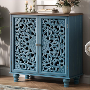 31" Accent Storage Cabinet with Mandala Carved Doors,Blue & Walnut | Carved Floral Design, Solid Wood Legs, Farmhouse
