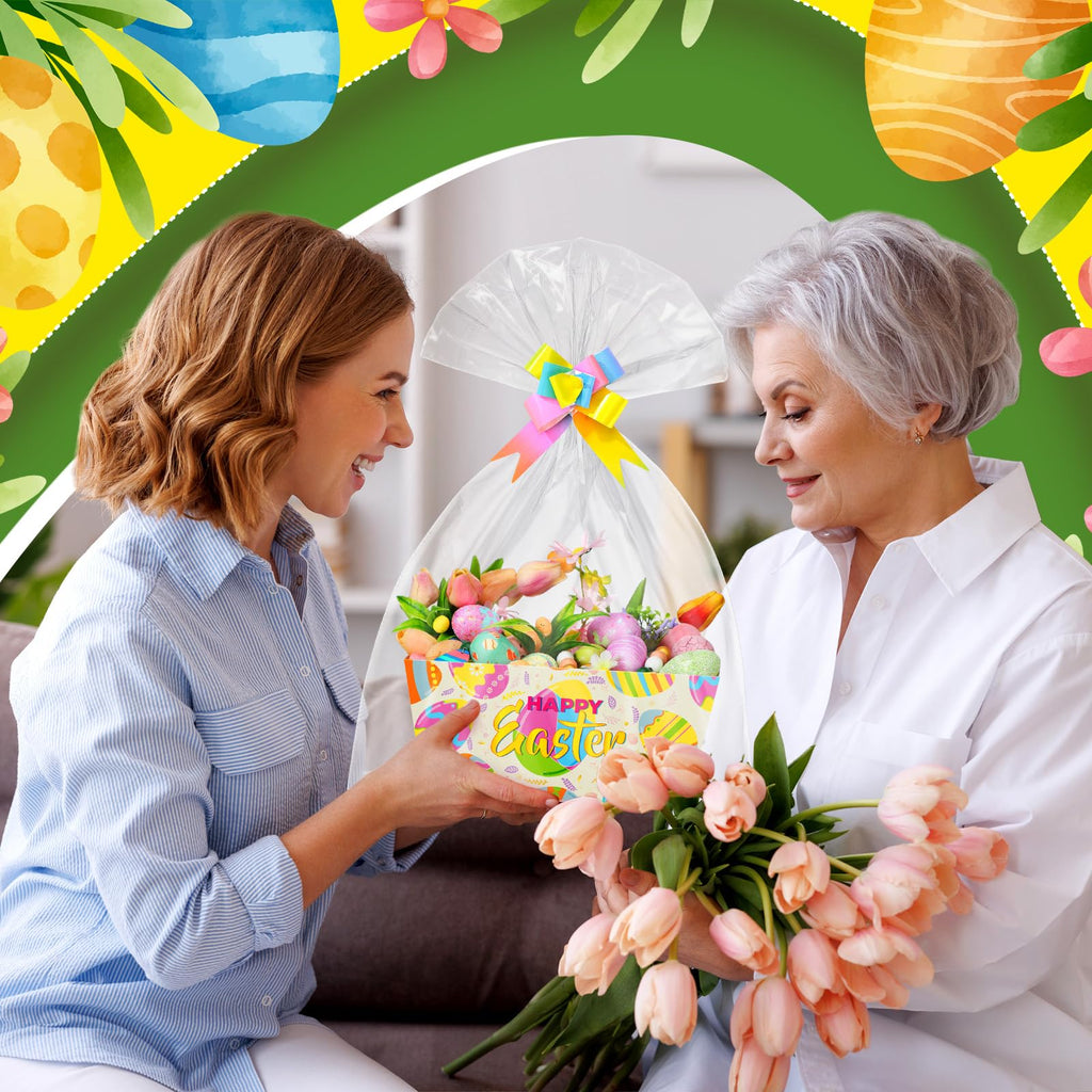 6 Pack Easter Eggs Basket for Gifts Empty with Cellophane Bag Pull Bows Happy Easter Eggs Basket Gift Box for Spring