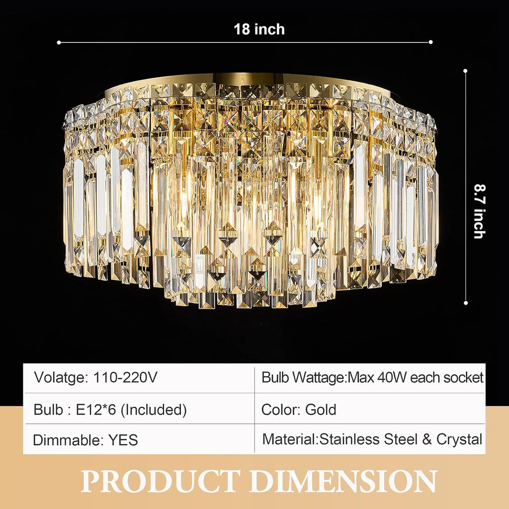 Flush Mount Crystal Chandelier, 18 inch Modern Crystal Ceiling Lights with Warm White Light Bulb (2700K), Flush Mount