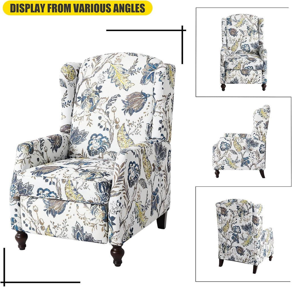 Upholstered Wingback Recliner Chair - Traditional Push Back Recliner Chair with Padded Seat, Fabric Floral Recliner