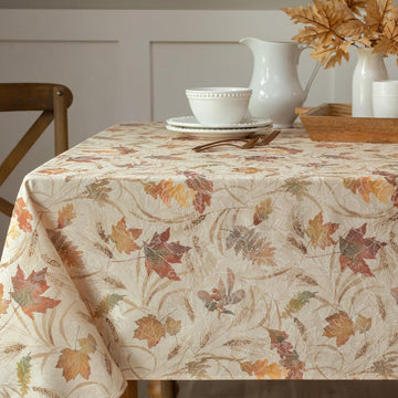 Autumn Jacquard Printed Fabric Tablecloth for Fall, Harvest, and Thanksgiving Table Cloth (Natures Leaves, 60" x 104"