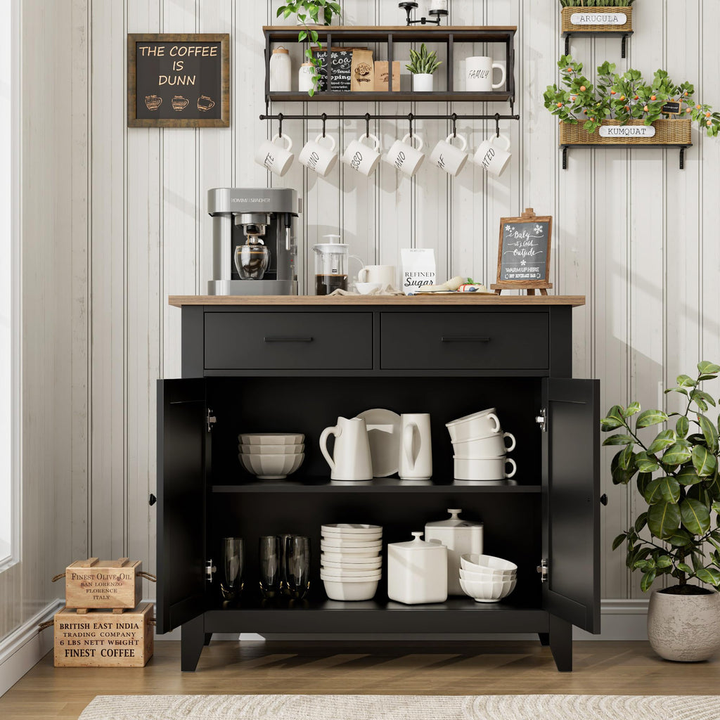 Farmhouse Kitchen Storage Cabinet, Small Buffet, Coffee Bar, Black