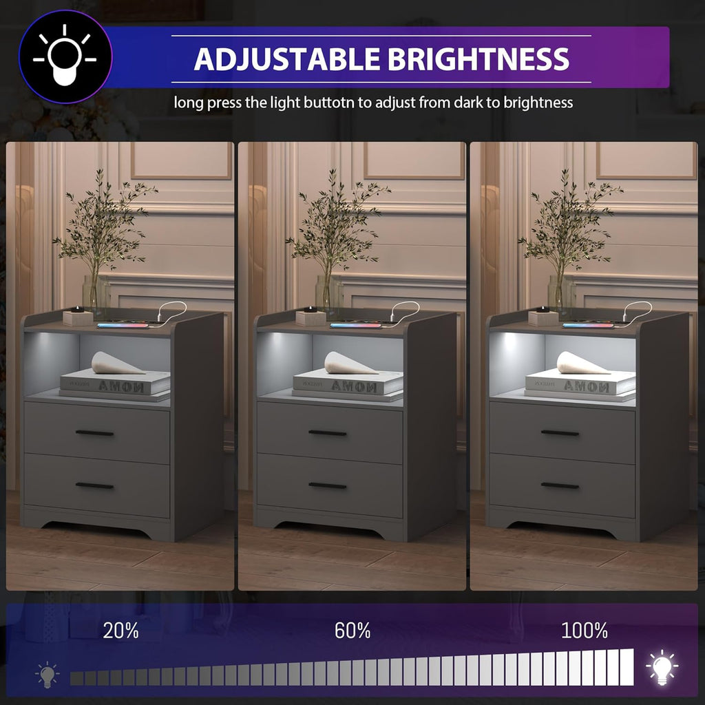 Grey Night Stand with Wireless Charging Station, Nightstand with 2 Drawers, Smart Bedside Table with 24-Color RGB