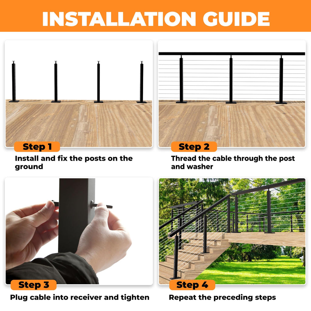 36IN Cable Railing Stair Post 30°Angled