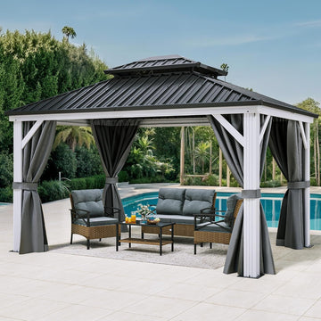 White Gazebo 10x12ft Hardtop Double Roof Canopy Galvanized Iron Aluminum Frame Outdoor Gazebo with Netting and Shaded